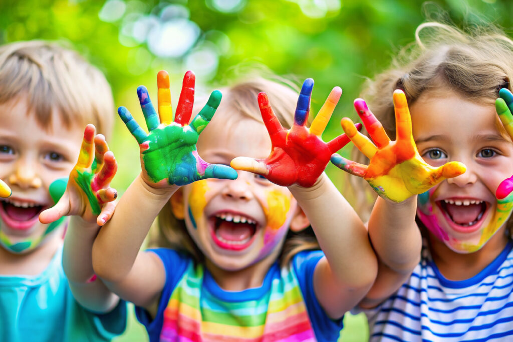 Fröhliche Kinder mit Fingermalfarben im Oswald Nussbaum Kinderhaus